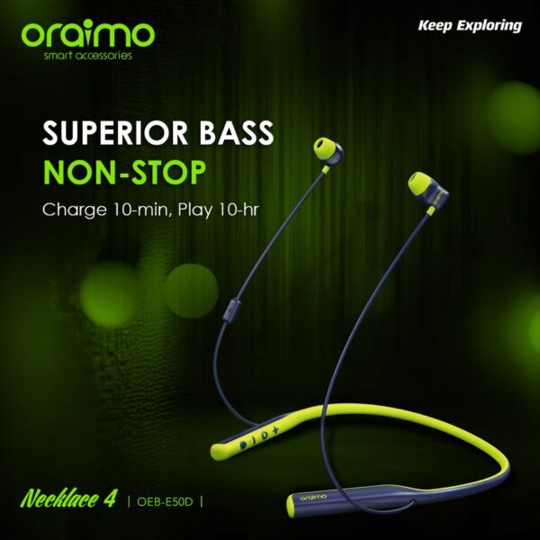 Oraimo Necklace 4 Dual EQ Multiple Connection 50-hr playtime Quick Charge Neckband Earphone OEB-E50D(12 Month Warranty) - Blue